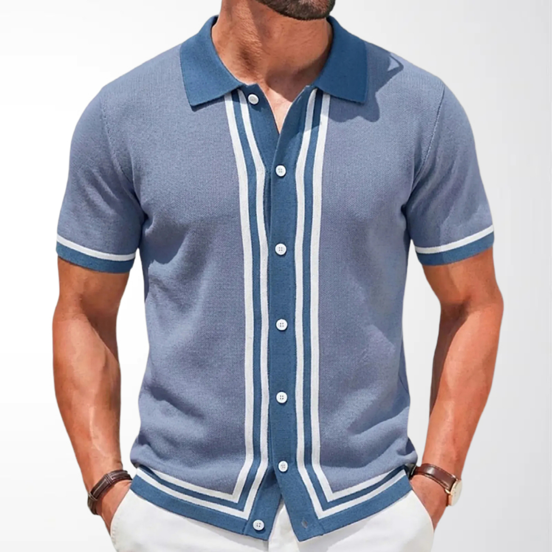 Foreign Trade Men's Clothing Summer New Short-Sleeved Knitted Shirt with Lapel and Contrasting Stripes Cardigan Business Polo Shirt Sy0080