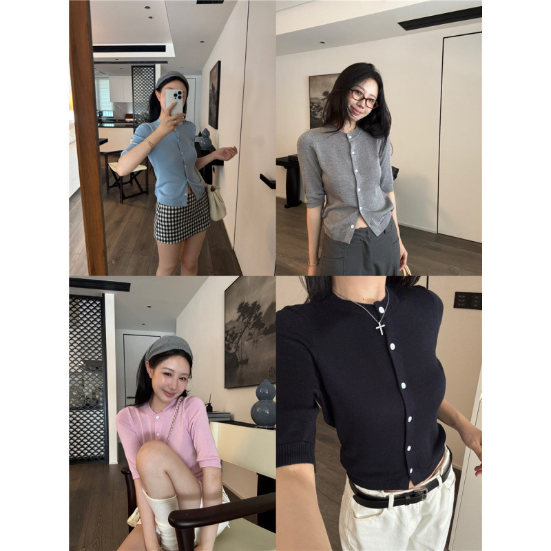 忆可达 温柔韩系天丝羊毛中袖圆领针织开衫女显瘦中袖短款上衣|undefined