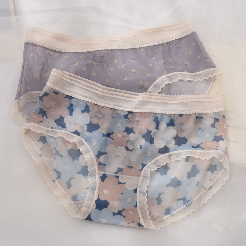 Printed Full Lace Mesh Panties for Women Low-Waist Summer Thin Trendy Sexy Fashion Transparent Girly Floral Briefs