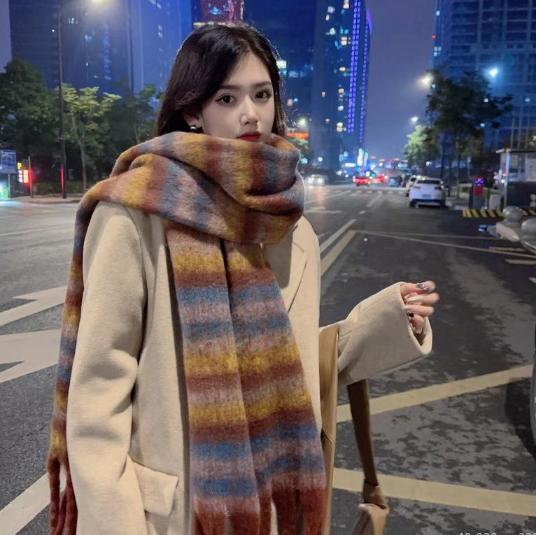 Karierter Schal in Schwarz und Weiß, verdickte Farbe, warmer Schal mit Fransen_voghion.com