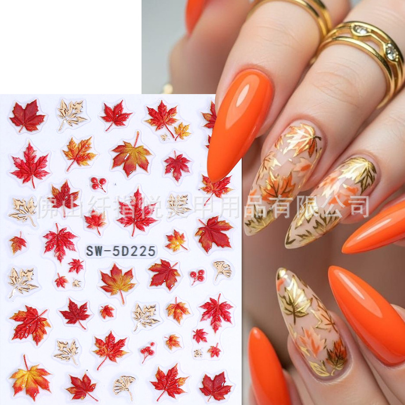 5D Embossed Nail Stickers Wholesale Ins Style Japanese Autumn Maple Leaf Gold Foil Adhesive Nail Decals