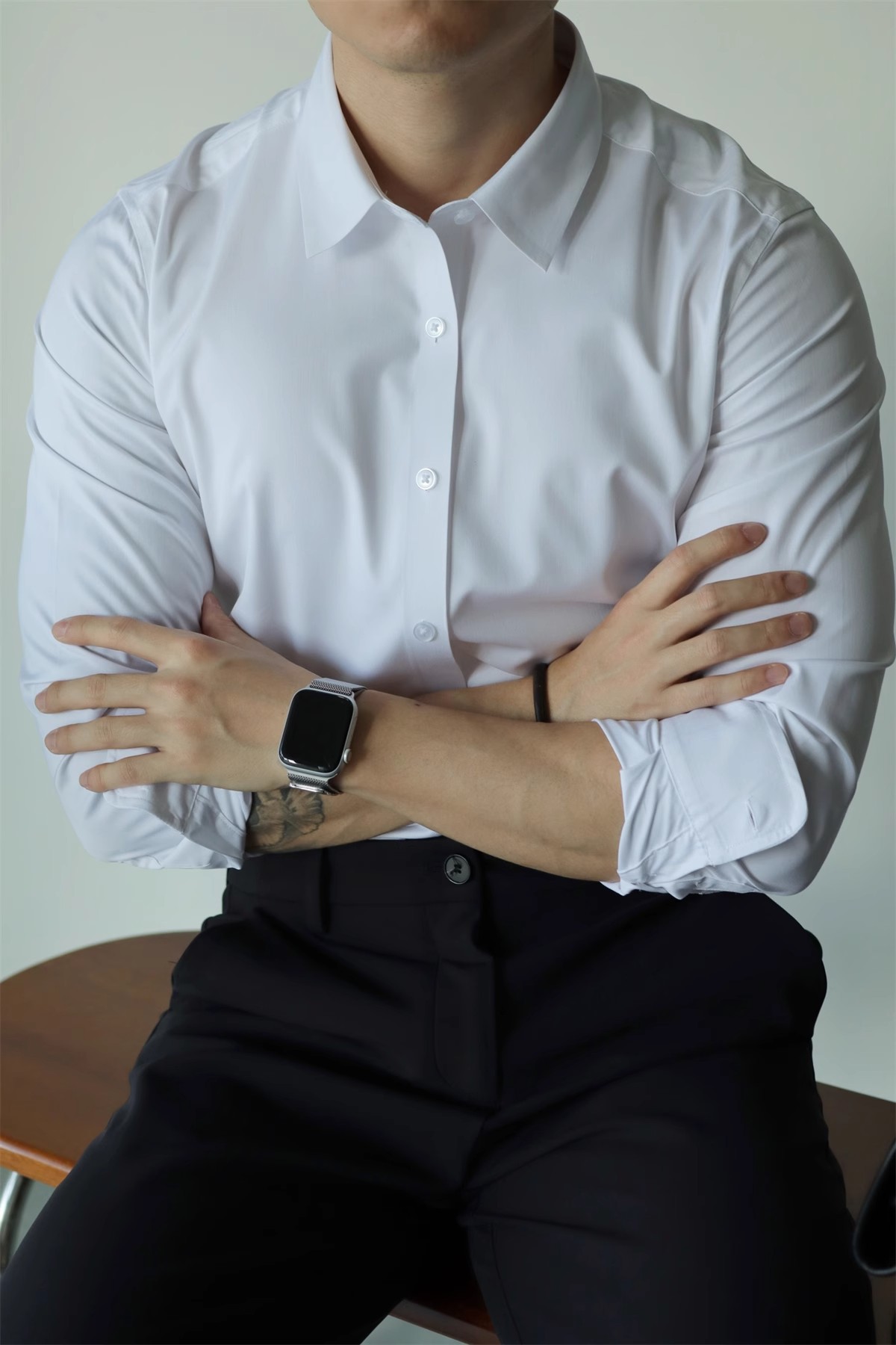 Abbigliamento da uomo, non stirabile, tinta unita, tecnologia nera a tre strati, senza cuciture, in fibra di bambù, a maniche lunghe, per il tempo libero, per lavoro, vestibilità comoda e aderente._voghion.com