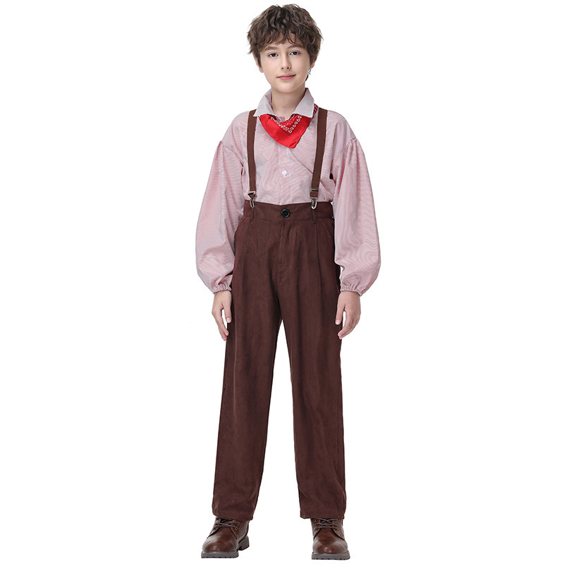 Children's Retro Pioneer Overalls Set American Farm Boy Cosplay Costume Thanksgiving Historical Drama Performance Outfit