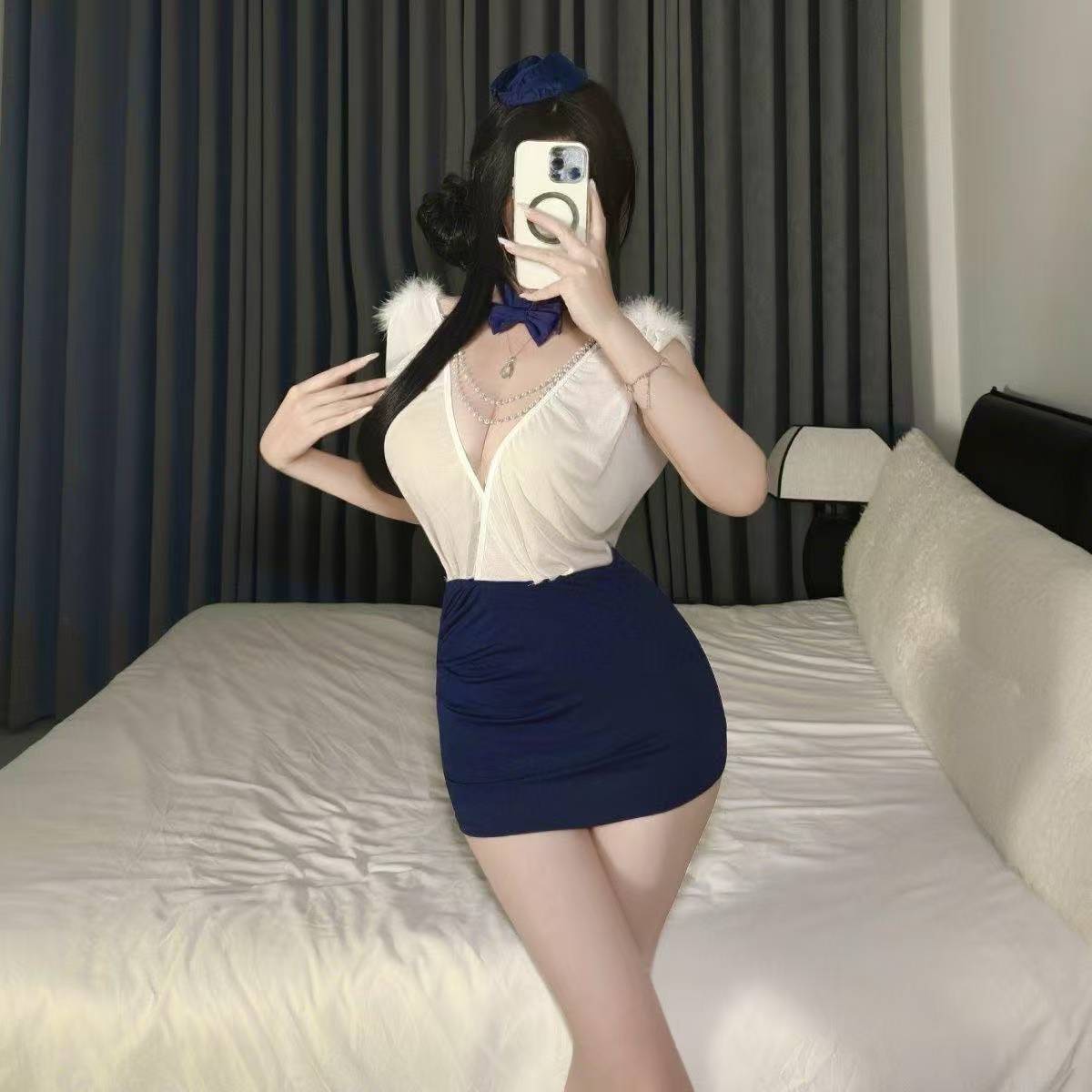 Stewardess Role-Play Lingerie Set with Deep V See-Through Top and Hip Skirt — detail image 4