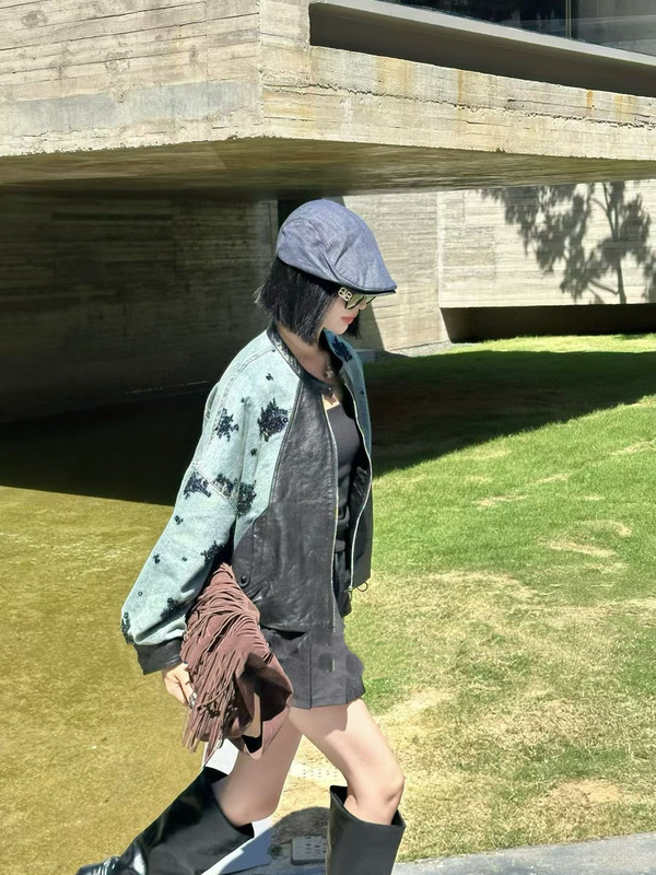 南油欧货爆款重磅钉珠刺绣牛仔与皮革拼接黑色宽松外套女高级感|undefined