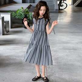 女童夏季连衣裙2025新款韩版时尚百搭中大童儿童花边格子背心裙潮