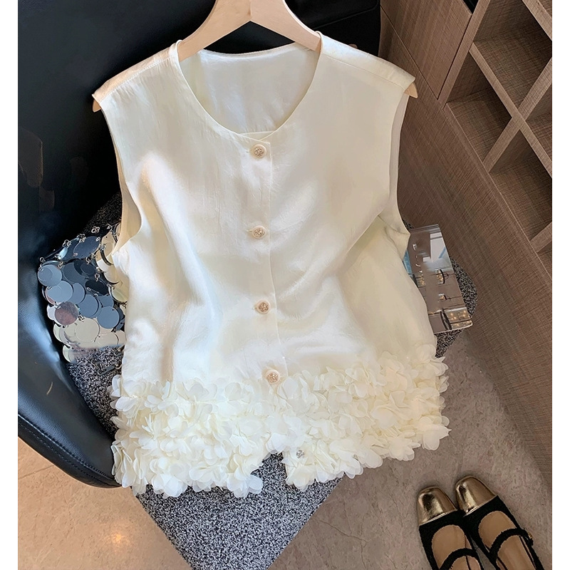 New Chinese Style Three-Dimensional Floral Hem Acetate Sleeveless Top for Women, Summer New High-End Slimming Vest Korean Style