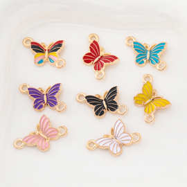 亚马逊热卖蝴蝶饰品配件 合金滴油双吊蝴蝶饰品diy配件厂家直销