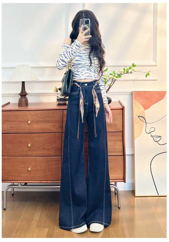 Quần jean nữ ống loe cạp cao co giãn, denim lót lông cừu mùa đông — Màu xanh vàng đen kéo dài, Quần xanh đen vàng, Retro màu xanh chín điểm, Vàng đen xanh chín điểm chi tiết 7