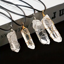 外贸饰品 天然白水晶绕丝吊坠 原石水晶六角柱绕线不规则项链