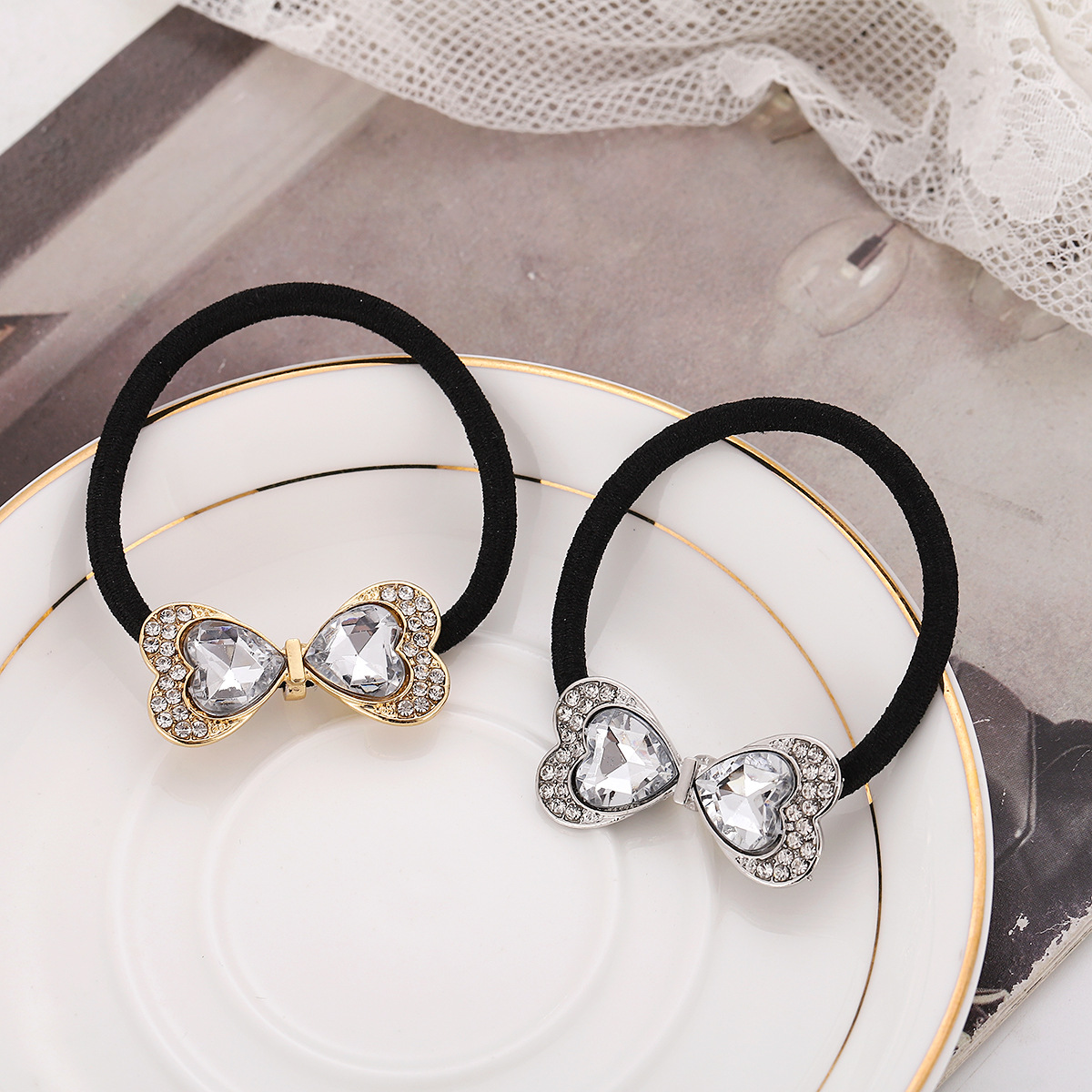 Yiwu joyería rhinestone cabeza cuerda bola cabeza pelo anillo popular en línea arco pelo cuerda alta elástico Cola de Caballo tocado