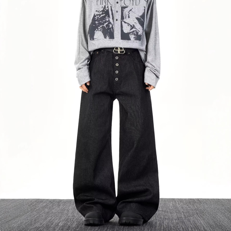 Vintage Button-Front Curved Hem Jeans for Men and Women, Slim-Fit Black American-Style Cleanfit Drapey Flared Wide-Leg Pants