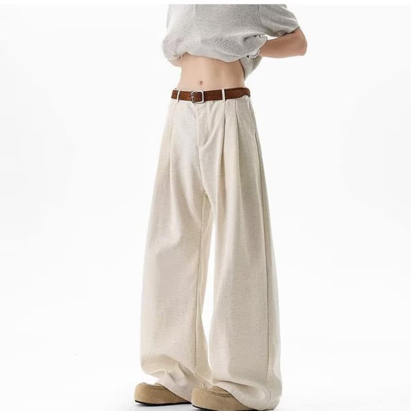 Old Money Style Faux Linen Pleated Wide-Leg Dress Pants for Men, Summer Thin Loose Casual Sports Straight-Leg Drapey Long Pants