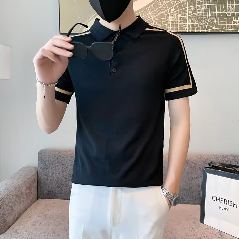 Colored striped Polo shirt for men with short sleeves, summer thin knit Paul polo collar, ice silk t-shirt, slim fit,_voghion.com