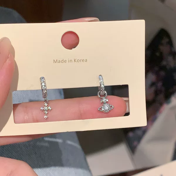 Saturn Cross Asymmetric Pendant Earrings Titanium Steel Straight Pin Ear Hoops Sleep-Friendly Non-Removable Edge Earrings for Women