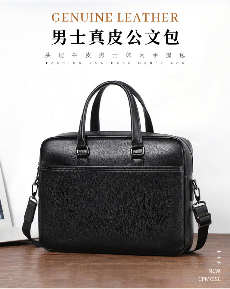 Túi xách tay nam da bò thật 39×10×29 cm có hai ngăn khóa kéo, đeo chéo một vai — Màu đen chi tiết 1