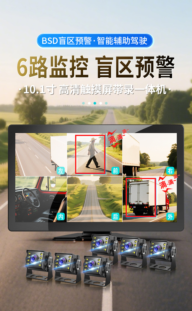 10-Inch 4-Split All-In-One Bsd/Adas Vehicle-Mounted Pedestrian Warning Blind Spot Monitoring High-Definition Recorder