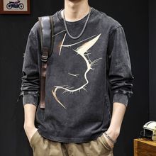 水洗做旧长袖t恤男士春秋季ins潮流美式复古高级感印花休闲打底衫