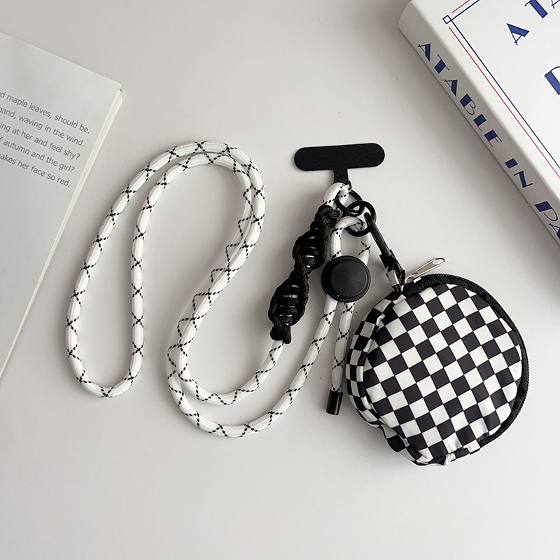 Bolsa redonda de celosía en blanco y negro + cuerda larga de mina blanca y negra + tarjeta t negra + hebilla d negra