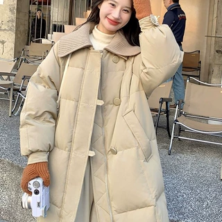 韩版中长款针织娃娃领羽绒服女2026年冬季新款加厚显瘦白鸭绒外套