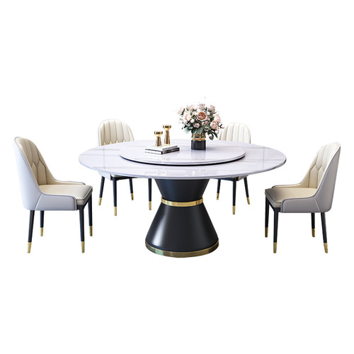 Light luxury glossy slate round table hotel restaurant large round table induction cooker with turntable dining table round dining table and chairs combination