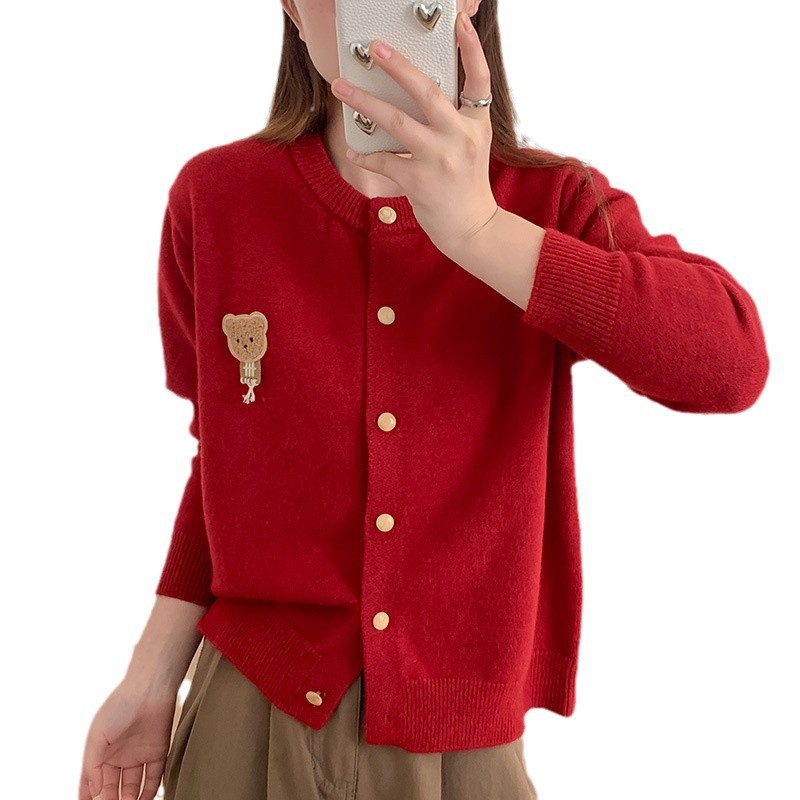 2025 primavera y otoño nuevo oso bordado de cuello redondo jersey cardián femenino suelto estilo coreano suéter universal chaqueta superior image 6