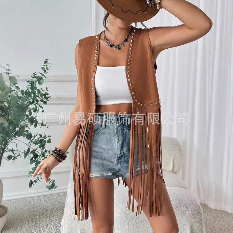Amazon Cross-Border Women's Tassel Vest Sleeveless 70S Hippie Faux Suede Tassel Jacket Cardigan Amazon Cross-Border Women's Tassel Vest Sleeveless 70S Hippie Faux Suede Tassel Jacket Cardigan