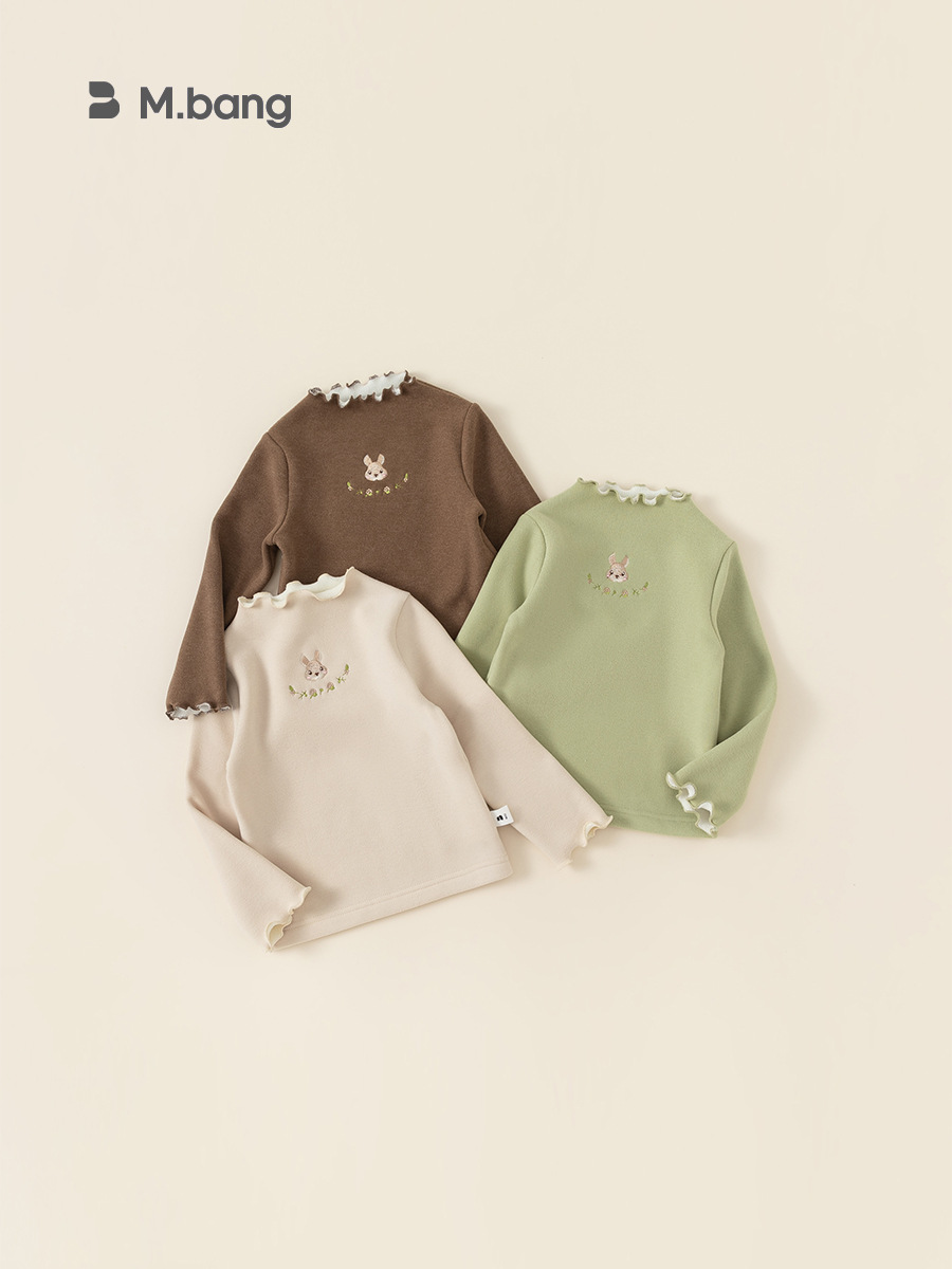 Ropa infantil Youbao, tops multicolor de invierno para niñas, camiseta interior con forro polar y bordado de conejo para niñas, camiseta base para bebés. image 3