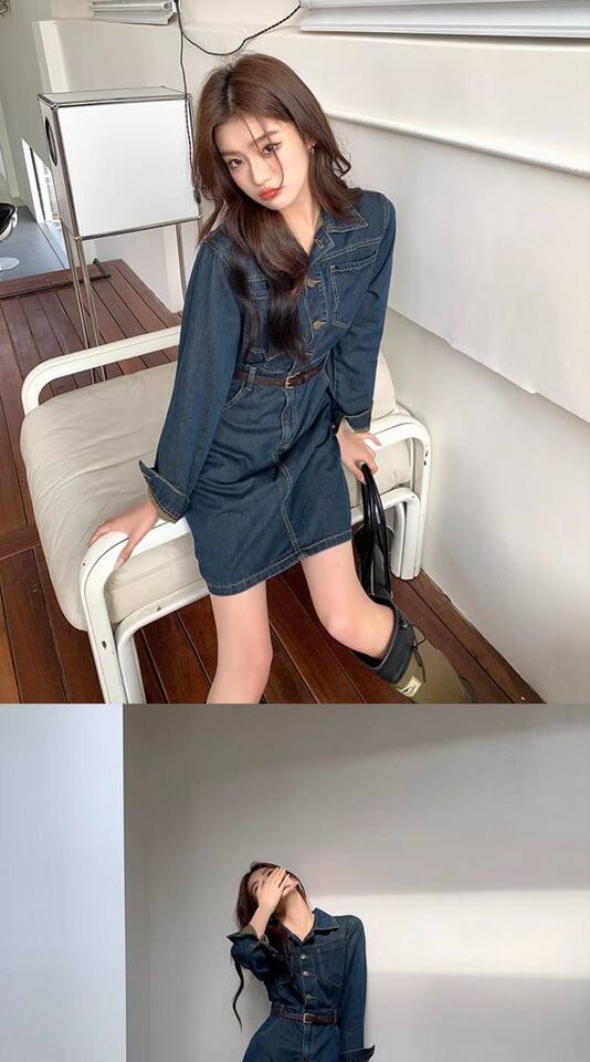 Đầm denim nữ dáng chữ A cổ polo tay dài chiết eo phong cách retro — Váy ngắn denim xanh chi tiết 3