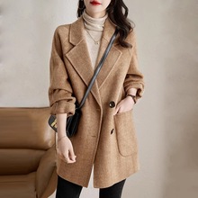 外贸日韩新款秋冬季粉色毛呢大衣女小个子中长韩版呢外套气质休闲