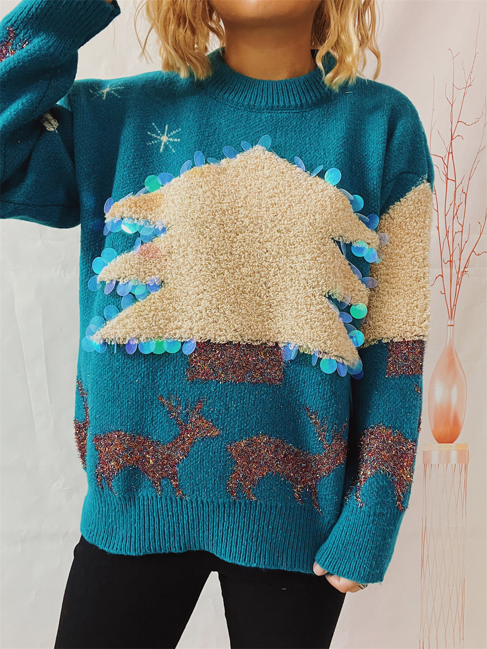 Women's Christmas Tree And Deer Sequined Pullover Sweater_voghion.com
