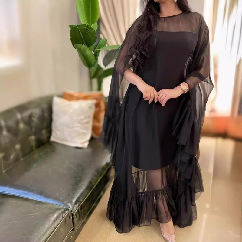 2024 Spring/Summer Cross-Border Women's Fashion Independent Website Ebay Sexy Layered Cape Mesh Flare Evening Dress