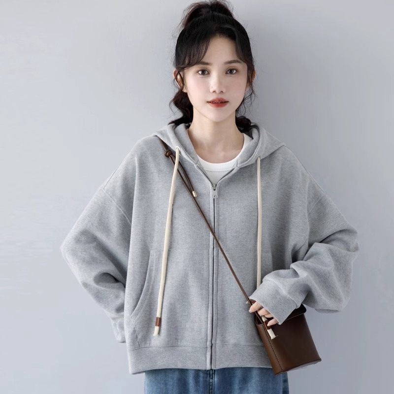 藏蓝色加绒加厚短款卫衣外套女秋冬2025新款美式开衫外套上衣7317|undefined