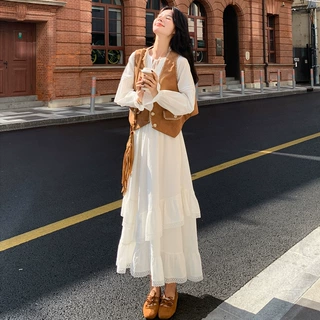 韩系氛围感套装女2026秋季新款独特漂亮复古马甲气质连衣裙两件套