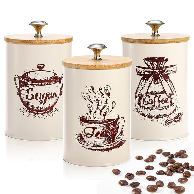 现货竹盖密封咖啡储存罐茶叶罐糖罐三件套北欧厨房储物罐套装