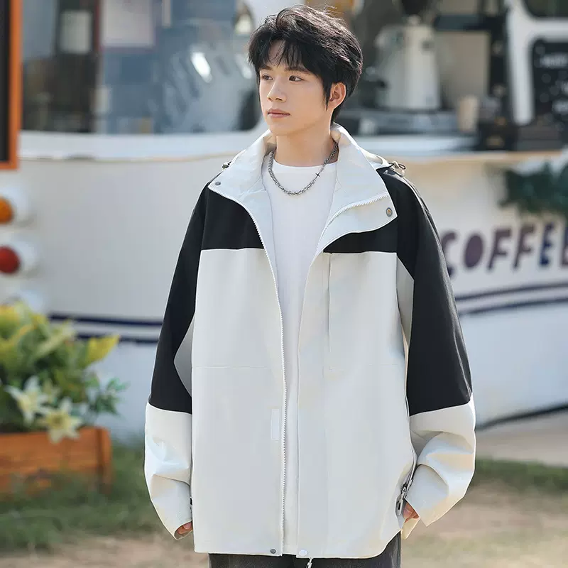 2025春秋新款薄款夹克男户外运动外套男时尚拼色连帽夹克港风宽松