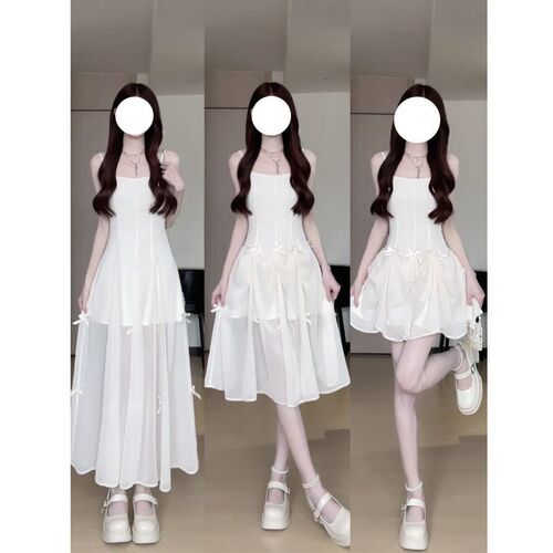 A Sweet Peony Butterfly Bow Medium-Length Strap Dress 2025 Slimming Waist Workover Dress