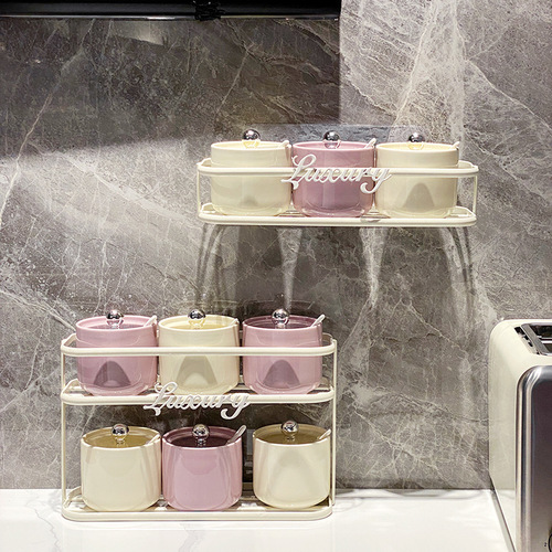 Creamy High-End Decor Wall-Smounted Condiment Set, No-Hole Installation, Colorful Matching Condiment Jars, Moisture-Proof with Lid, Condiment Bottle Set for Wholesale