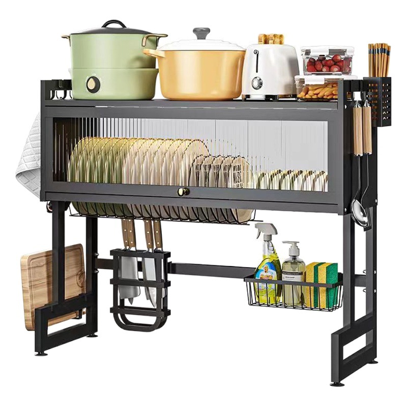 Estante de almacenamiento de cocina fregadero Plato de drenaje en rack fregadero de la encimera armario multi-funcional a prueba de polvo con la puerta del Gabinete plato de almacenamiento