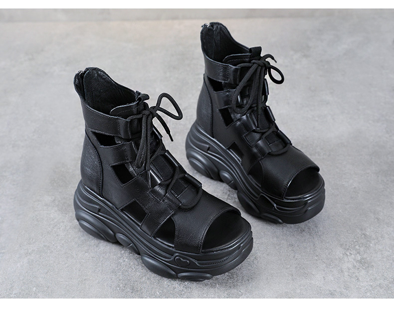 Sandal nữ da bò thật đế bánh xốp tăng chiều cao, quai mảnh cổ cao phong cách La Mã — Màu nâu chi tiết 10