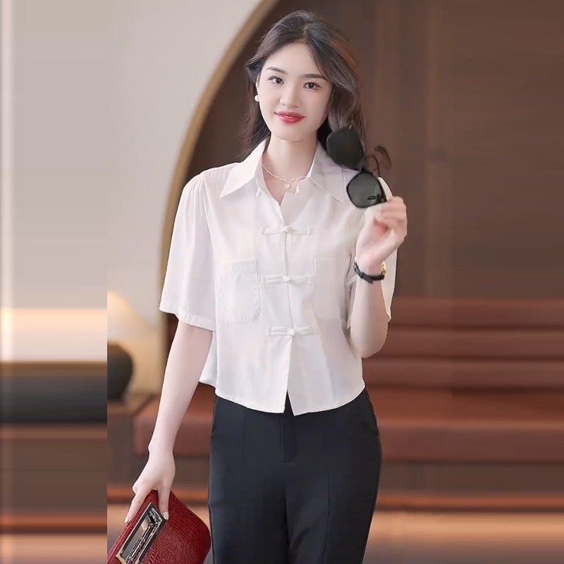 中国风夏季衬衫宽松纯色百搭衬衣气质半袖遮肚子盘扣上衣女士小衫|undefined