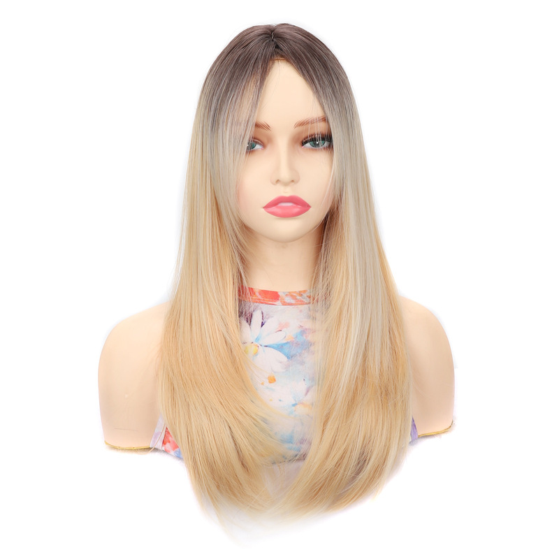 Chemical fiber European and American women's long blonde hair chemical fiber headgear naturally split long straight hair inner buckle wig cover