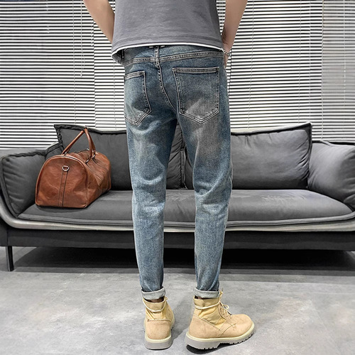 Spring and Autumn Men's Tapered Slim-Fit Jeans 2024 New In-Season Casual Streetwear Pimp Style Trendy Pants for Men