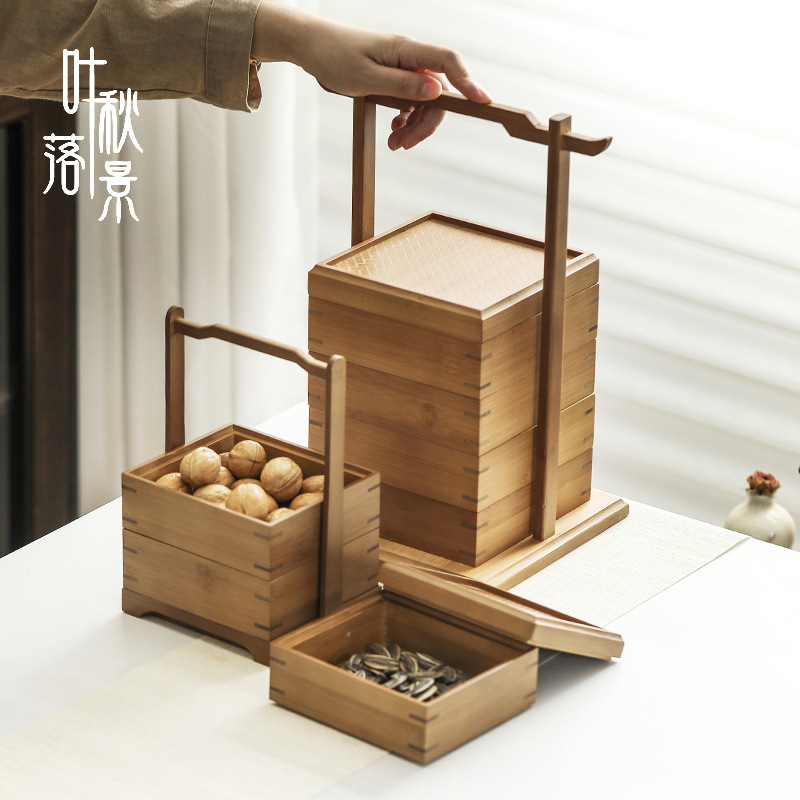 竹木新款复古提篮三层便携式茶具收纳盒食盒托手提新中式茶道篮子|undefined