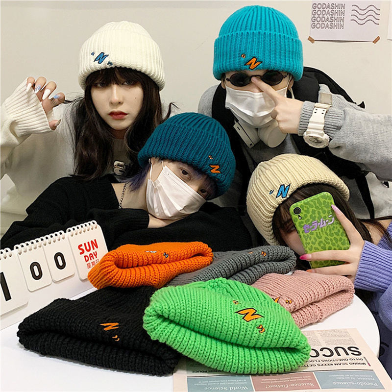 Autumn and Winter Couples Versatile Simple Letter Embroidered Knitted Woolen Hat K-Style Hip-Hop Ins Retro Knitted Hat for Men and Women Autumn and Winter Couples Versatile Simple Letter Embroidered Knitted Woolen Hat K-Style Hip-Hop Ins Retro Knitted Hat for Men and Women