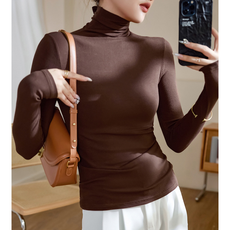 High-Elastic Ribbed Cotton Turtleneck Base Shirt for Women, Long-Sleeve T-Shirt, 2026 Autumn and Winter Collection, Slim-Fit, Flattering, Regular Shoulder Top