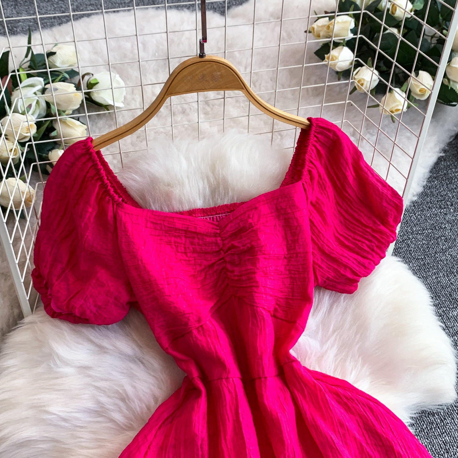 Women's French Style Elegant Square Neck Puff Sleeve Dress Casual Slit Long Skirt Pleated Waist Slimming Summer Style_ecoleips.com
