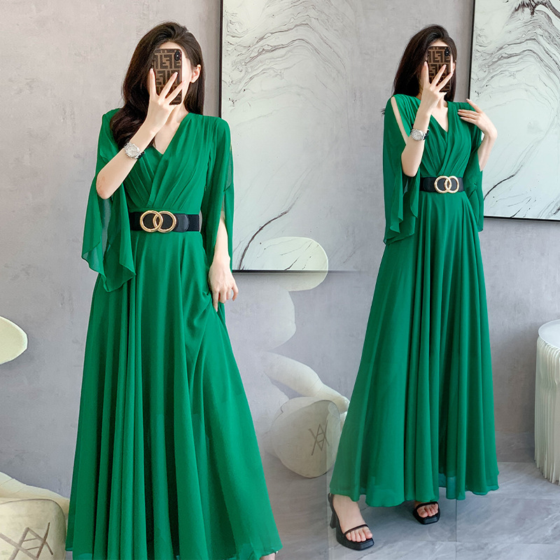 Elegant and Fashionable 2026 Ankle-Length Chiffon Maxi Dress with Original Belt, Cross-Border Long Dress