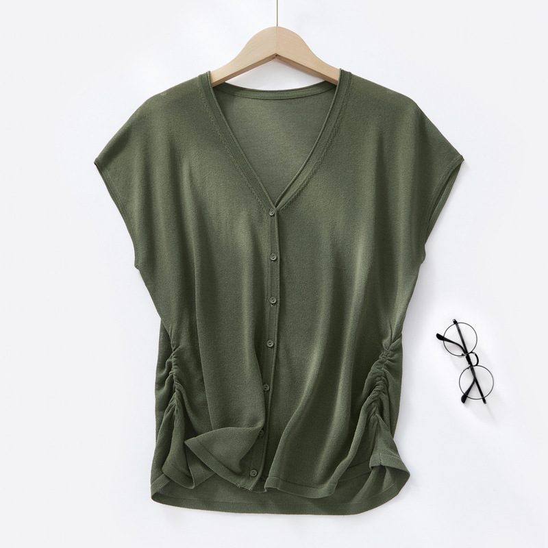 Korean Order! Linen Short-Sleeve Cardigan Women's Jacket, Solid Color Summer Casual Top, Pleated Knit Shirt