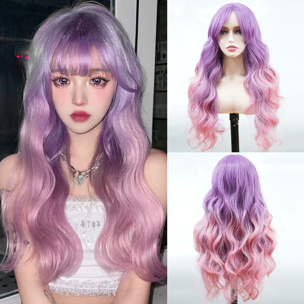 Syntetisk hår Kemisk fiber paryk pink anime diagonalt pandehår langt krøllet hår cosplay parykker_voghion.com